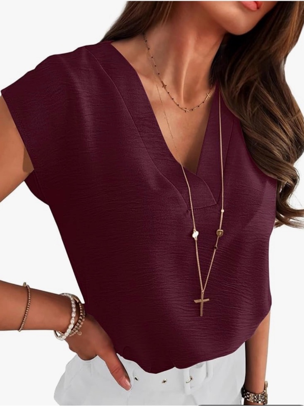 ANRABESS Women Top size XL Cap Sleeve Dressy Casual V Neck